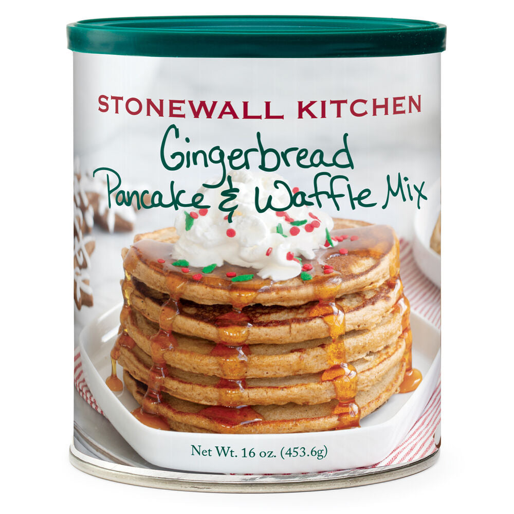 Stonewall Kitchen Gingerbread Pancake & Waffle Mix can with a stack of pancakes on the label.