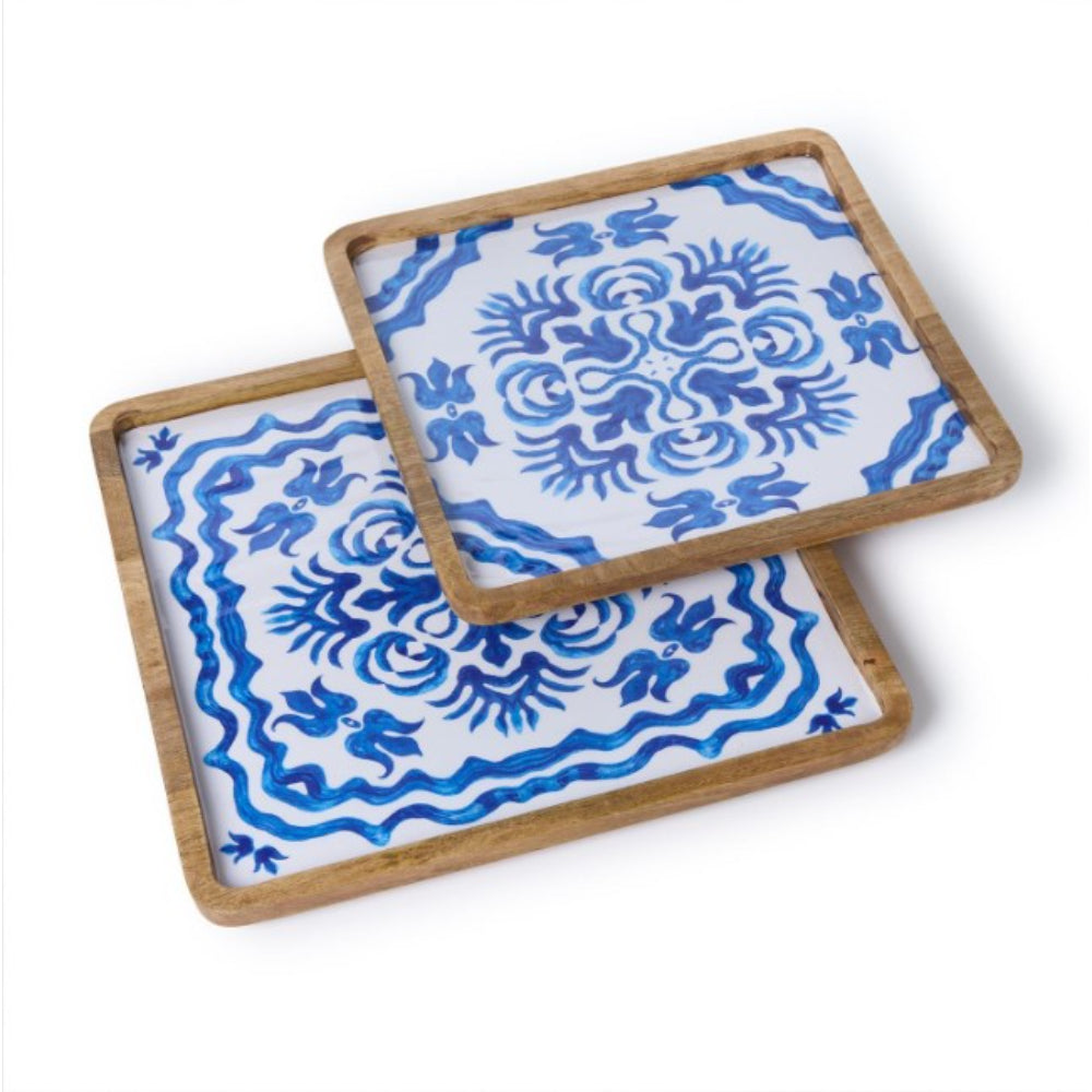 Two's Company Blue Block Print Trays