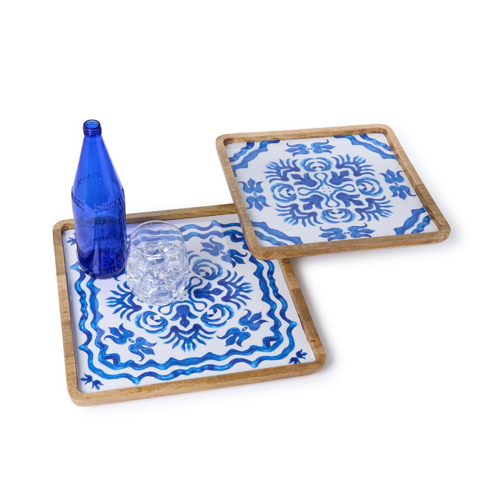 Two's Company Blue Block Print Trays