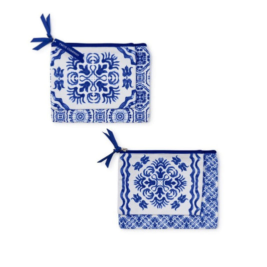 Two's Company Blue Tile Block Print Pouches - Set of 2
