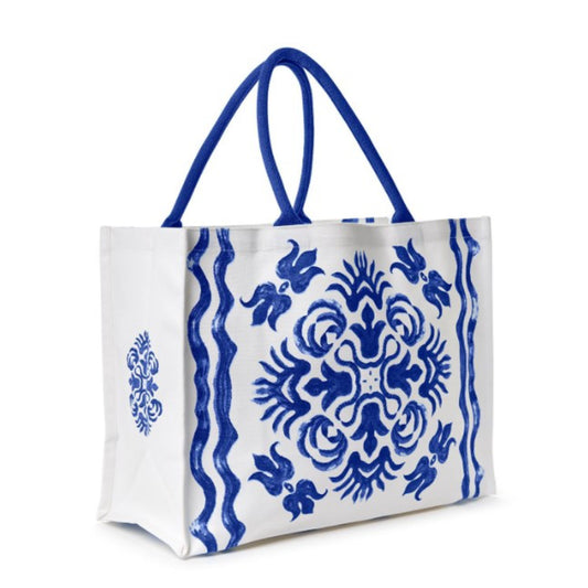 Two's Company Blue Tile Block Print Tote Bag