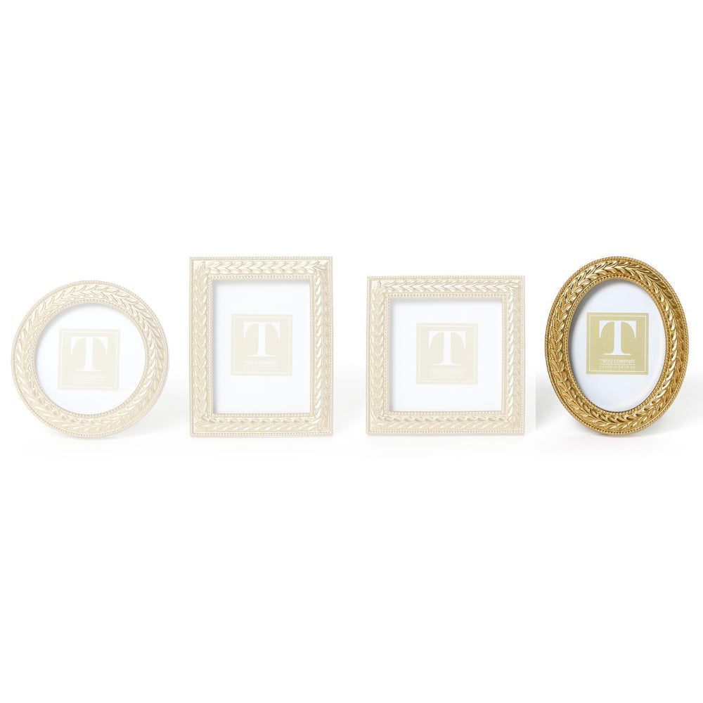 Oval  3"x 3" gold Laurel Wreath Gold Photo Frame on a white backround. 