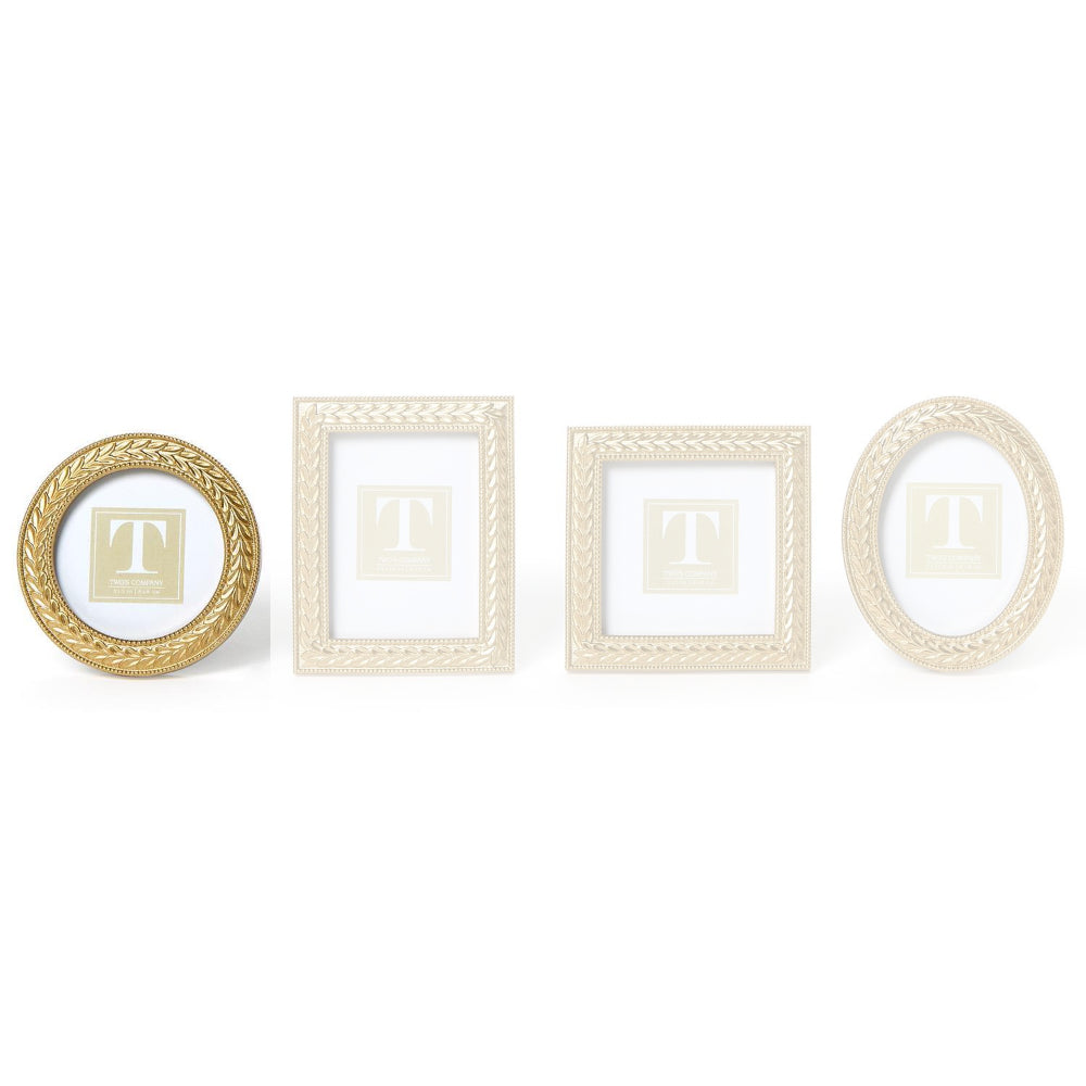 Round  3"x 3" gold Laurel Wreath Gold Photo Frame on a white backround. 
