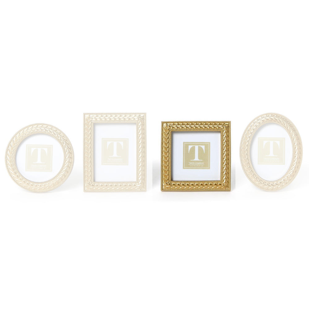 Square  3"x 3" gold Laurel Wreath Gold Photo Frame on a white backround. 