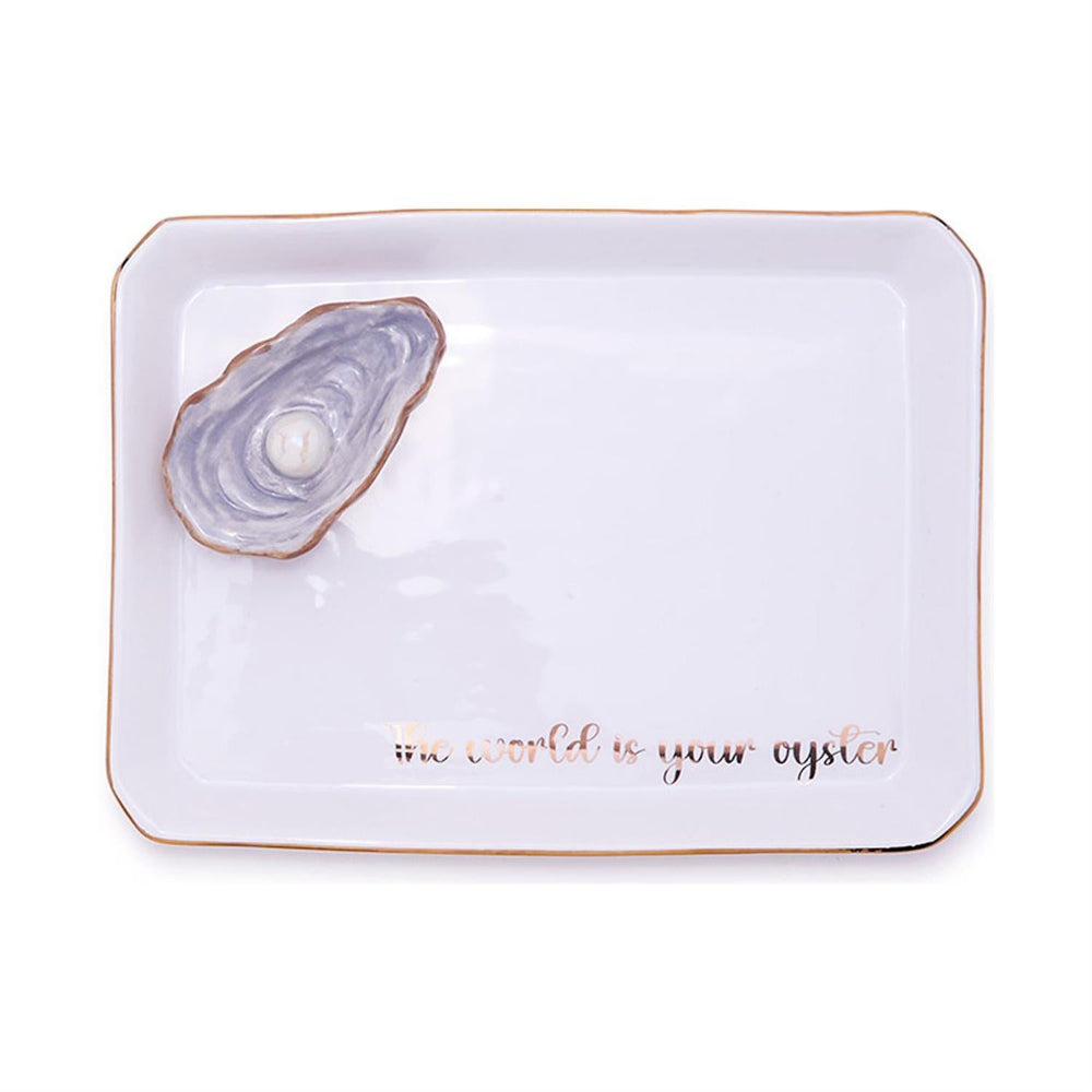 Decorative tray with agate design and 'the world is your oyster' text on a white background.