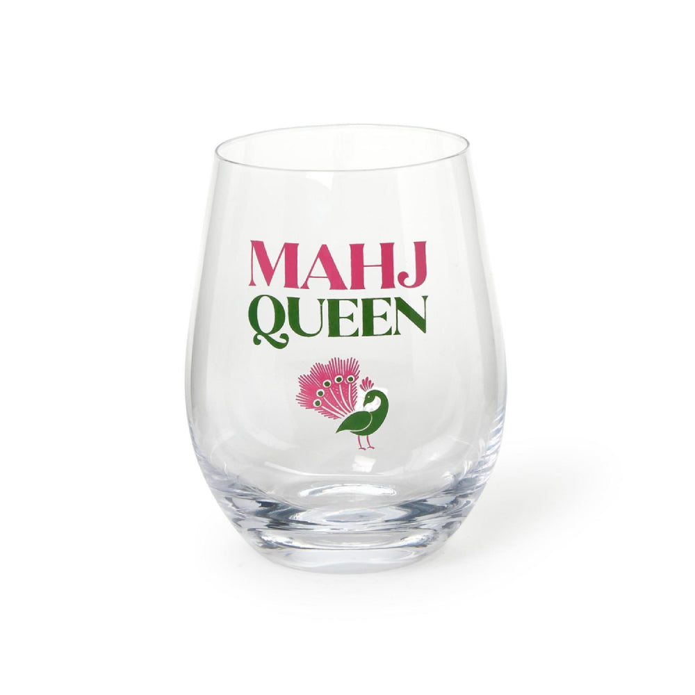 A clear stemless wine glass with the text 'MAHJ QUEEN' printed on it in pink and green, accompanied by a small peacock illustration, set against a plain white background.