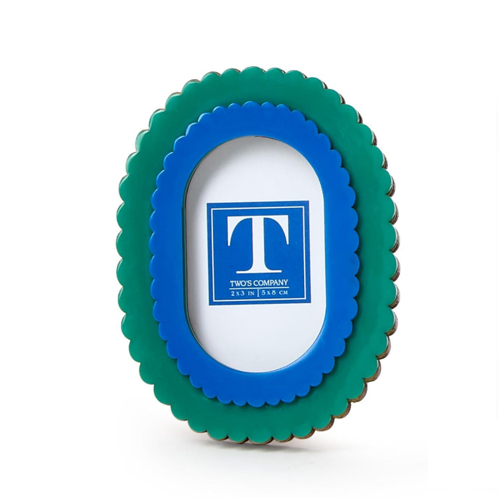 Blue and green scalloped photo frame with 'TWO'S COMPANY' logo on a white background.