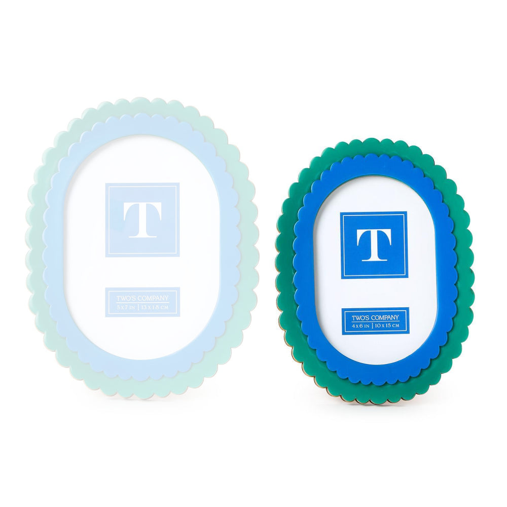 4x6 scalloped picture frames with blue inner borders and green outer borders, shown on a white background.