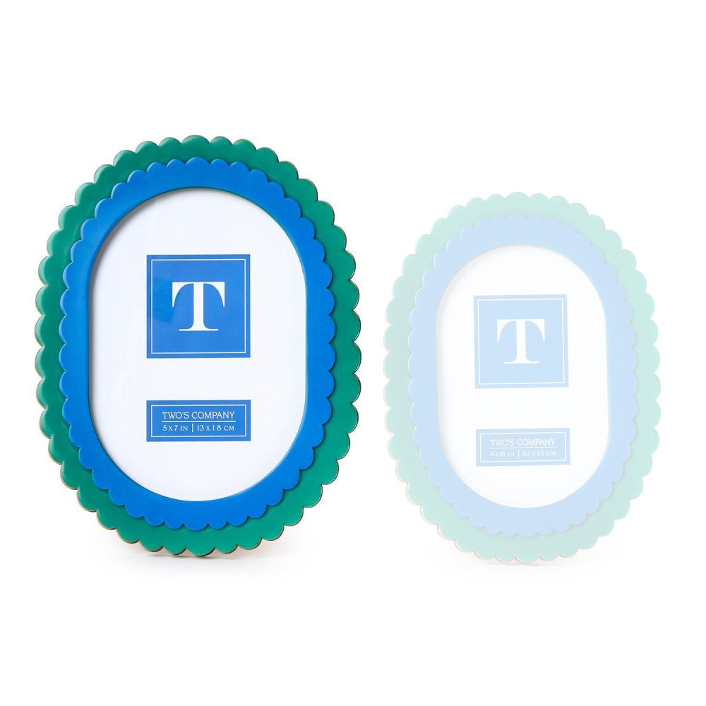 5x7 scalloped picture frames with blue inner borders and green outer borders, shown on a white background.