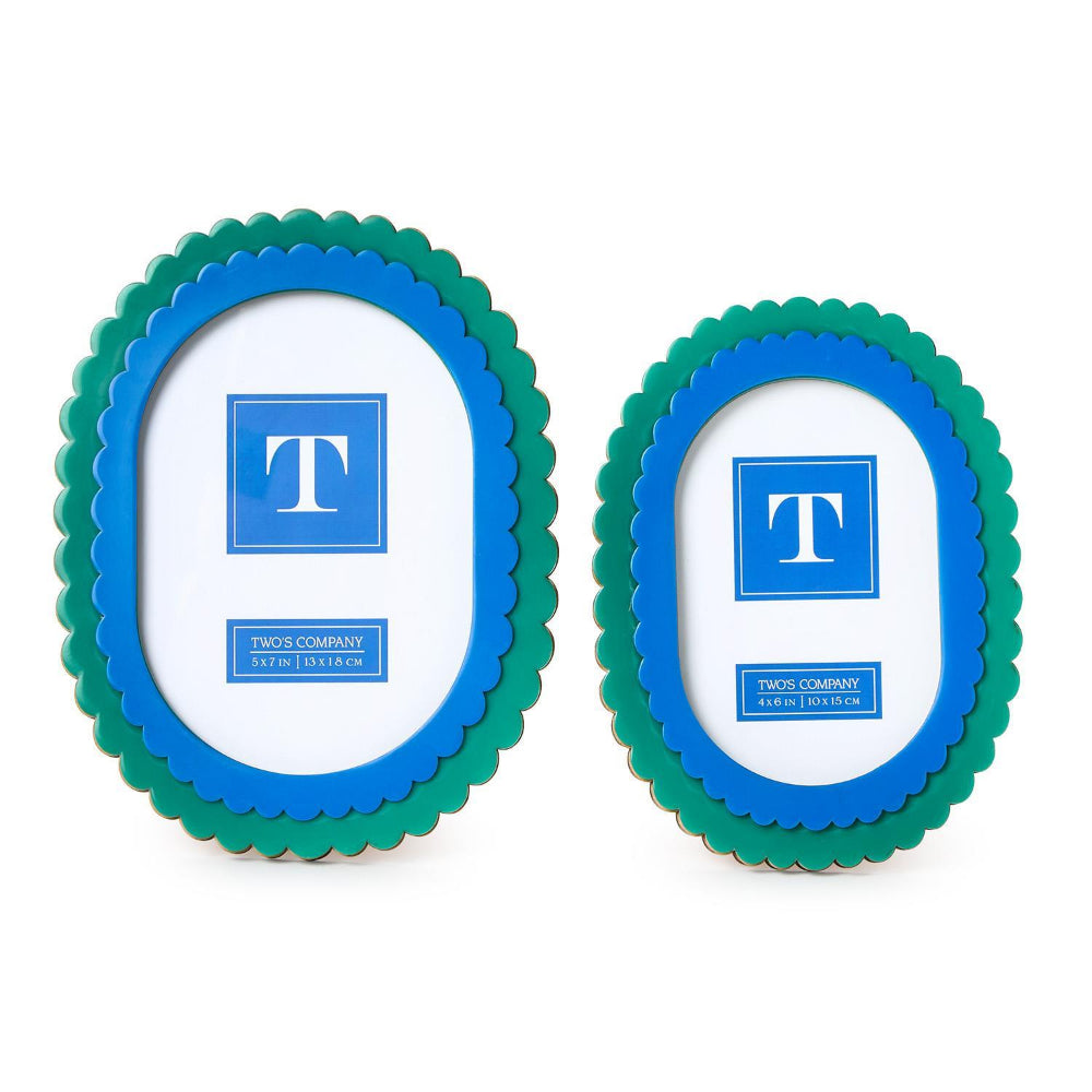 Two oval picture frames in  5x7 & 4x6  with blue centers and green outer rims on a white background.