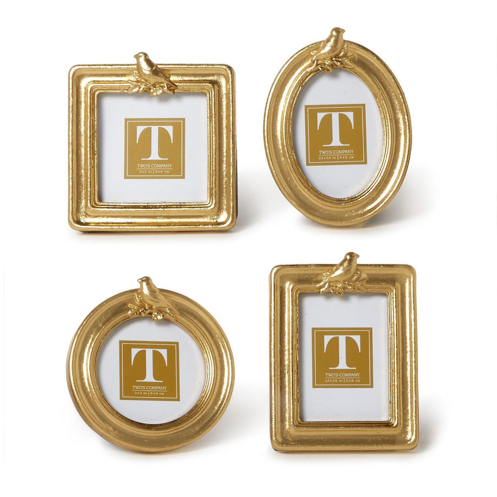Four gold picture frames with a gold bird on the top in differant shapes on a white background.
