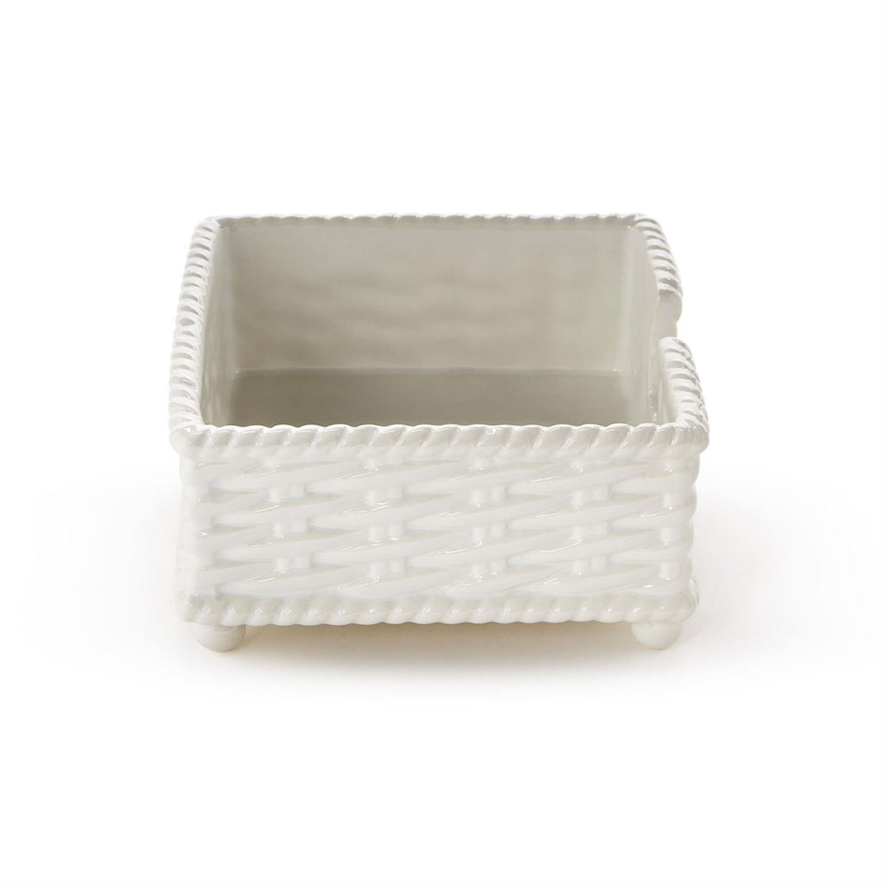 A side photo of a white woven rectangular basket on a white background.