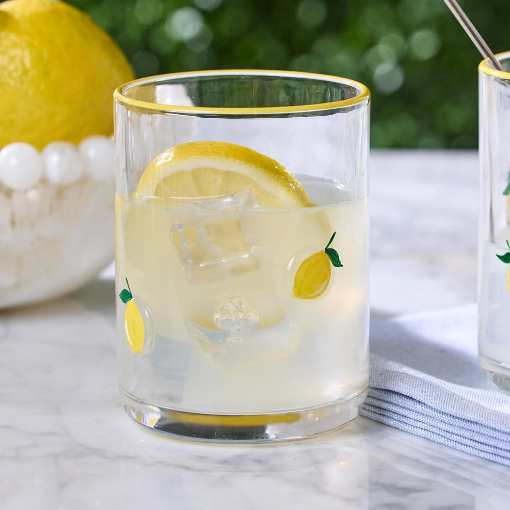 Two's Company Lemon Double Old Fashioned Hand-Painted Glass