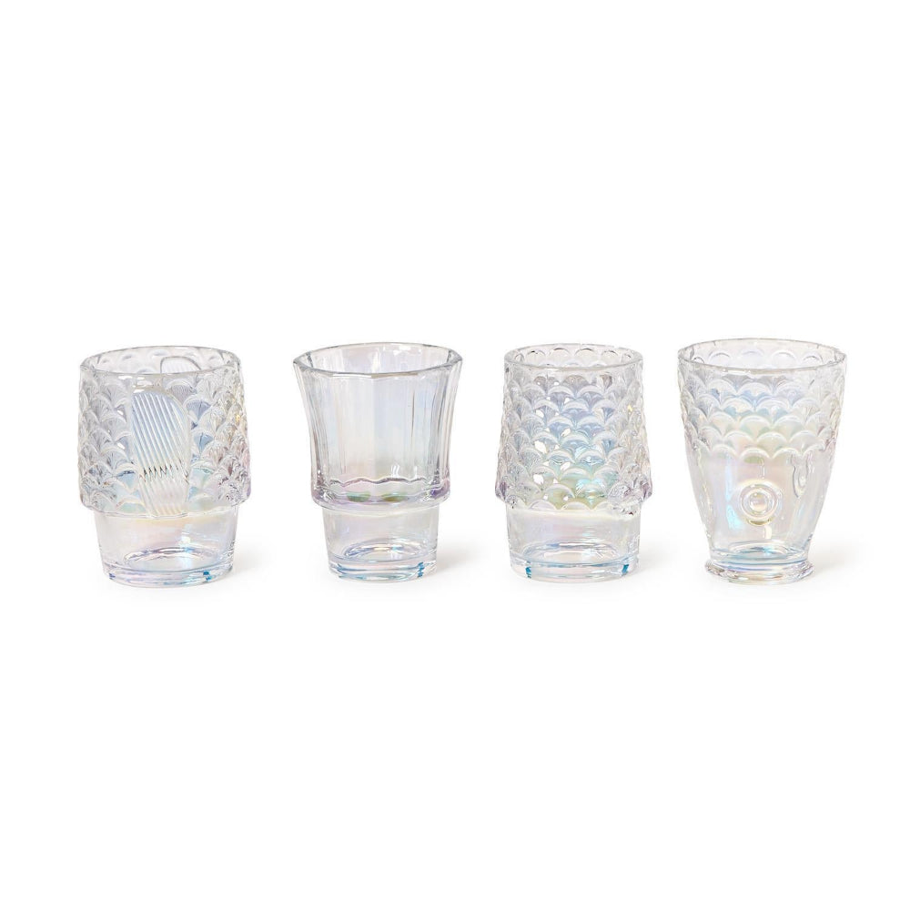 Four clear iridescent shot glasses with textured patterns, arranged in a row on a white background.