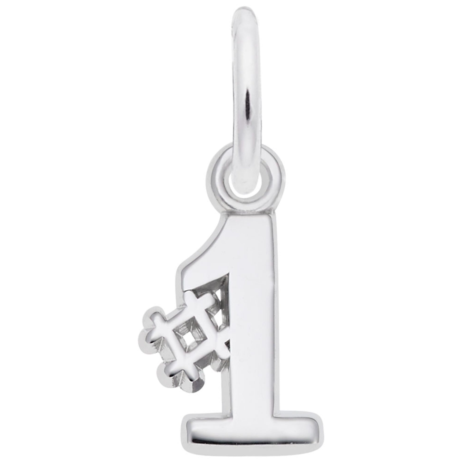 Silver '#1' charm on a white background