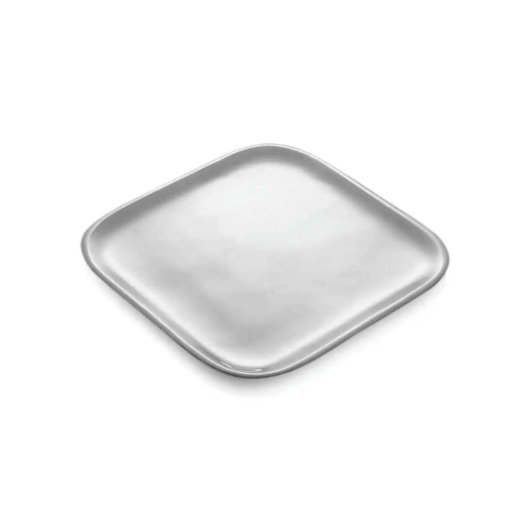 Square silver platter on a white background