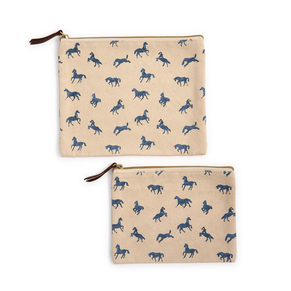 Two large & small beige pouches with blue horse patterns on a white background.