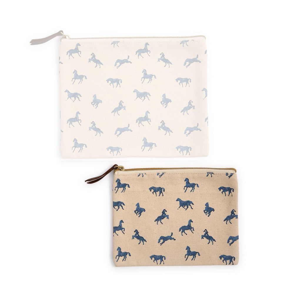 Small beige pouche with blue horse patterns on a white background.