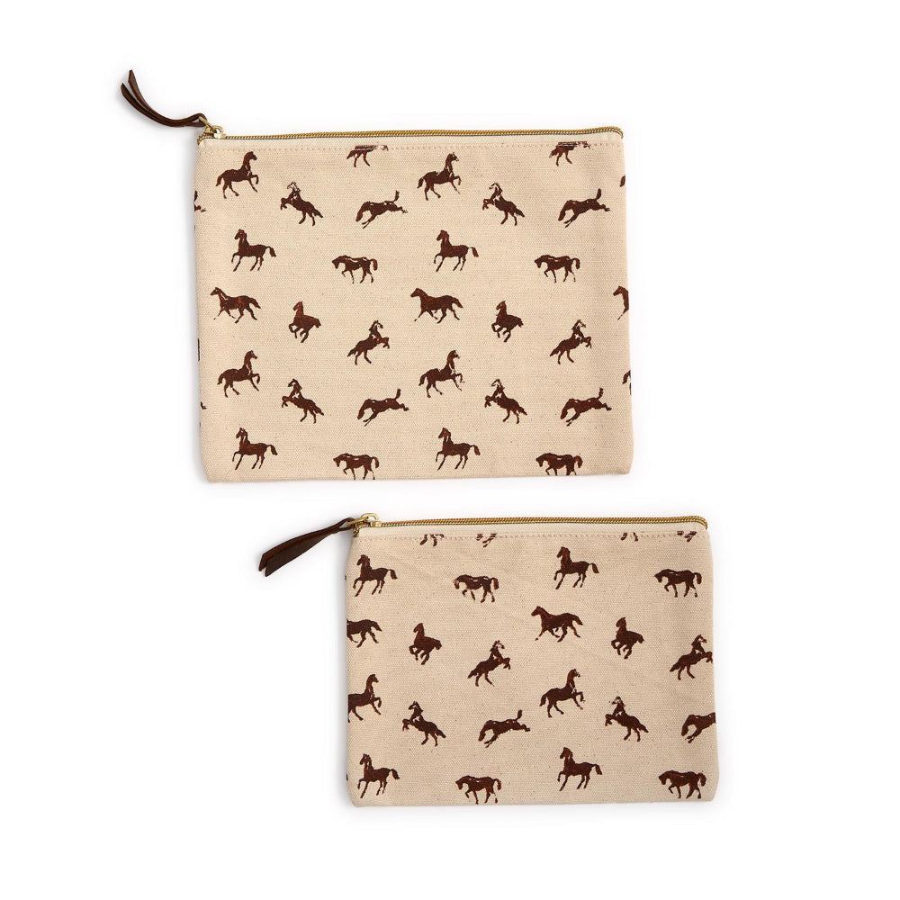 Two large & small beige pouches with brown horse patterns on a white background.