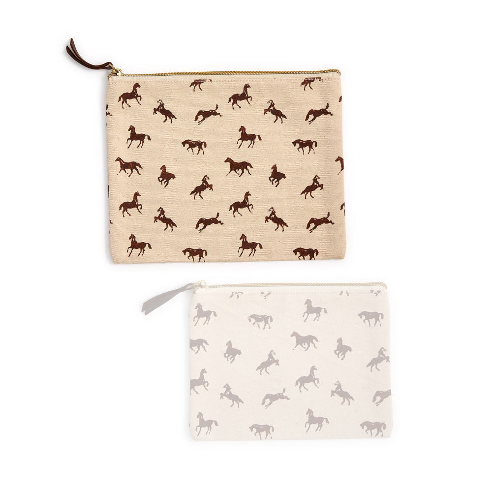 Large beige pouche with brown horse patterns on a white background.