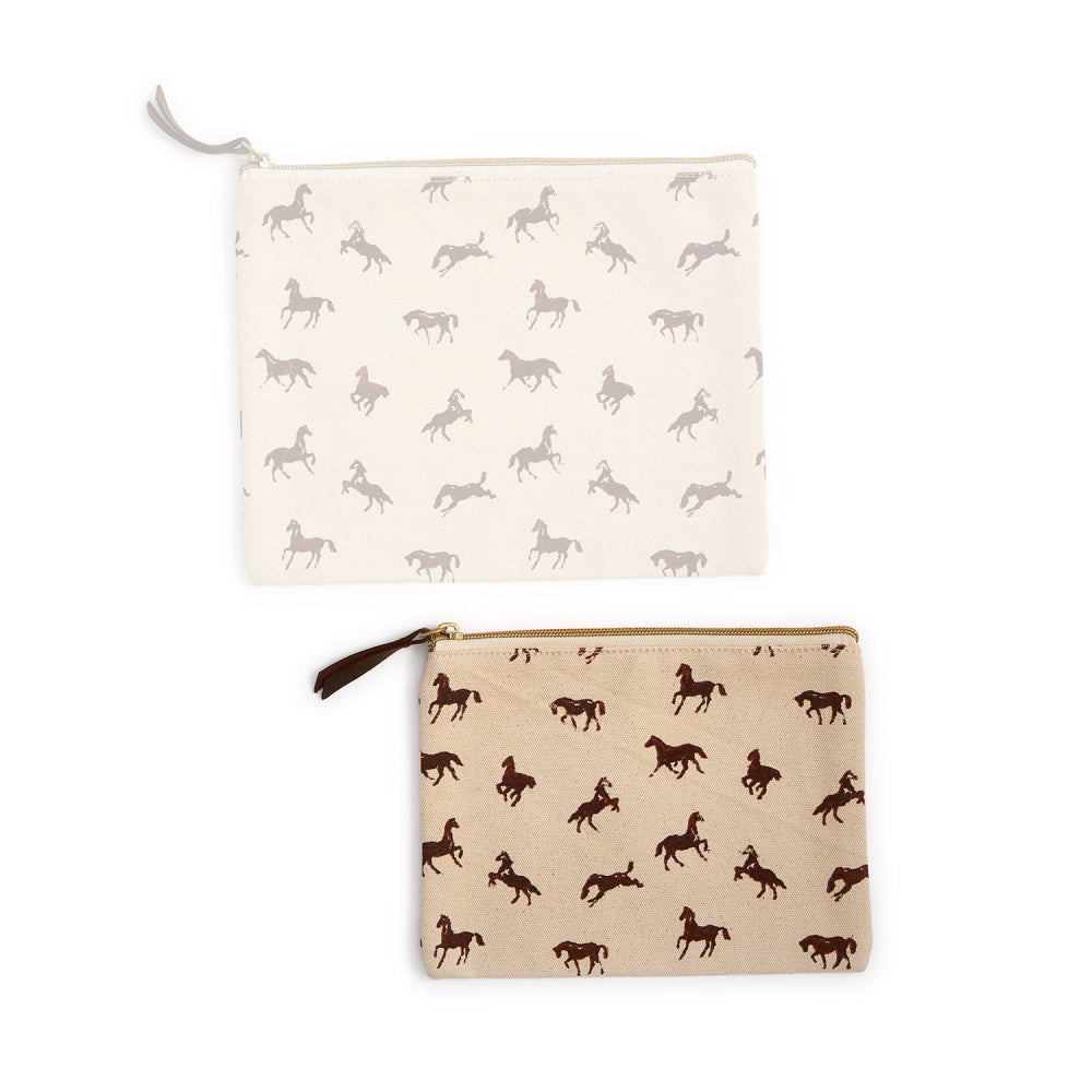 Small beige pouche with brown horse patterns on a white background.
