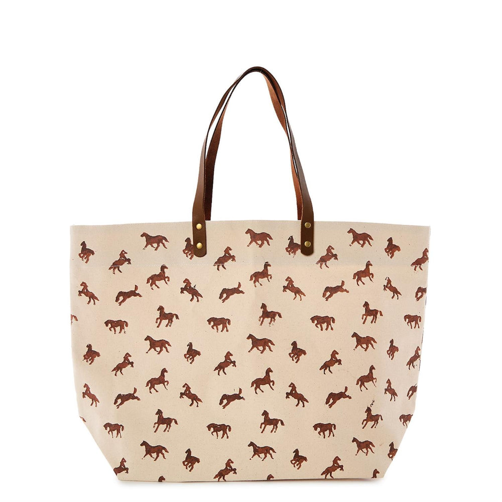 Beige tote bag with brown horse pattern on a white background.