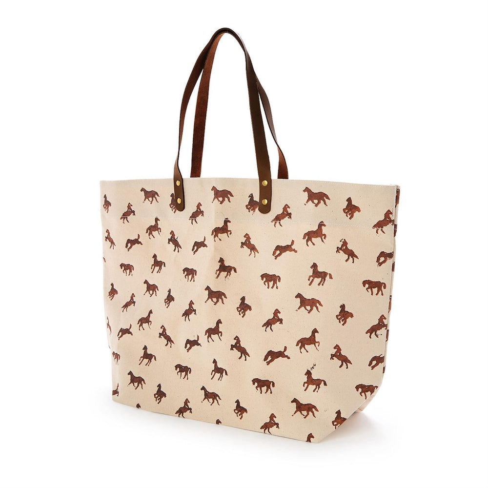 Beige tote bag with brown horse pattern on a white background.