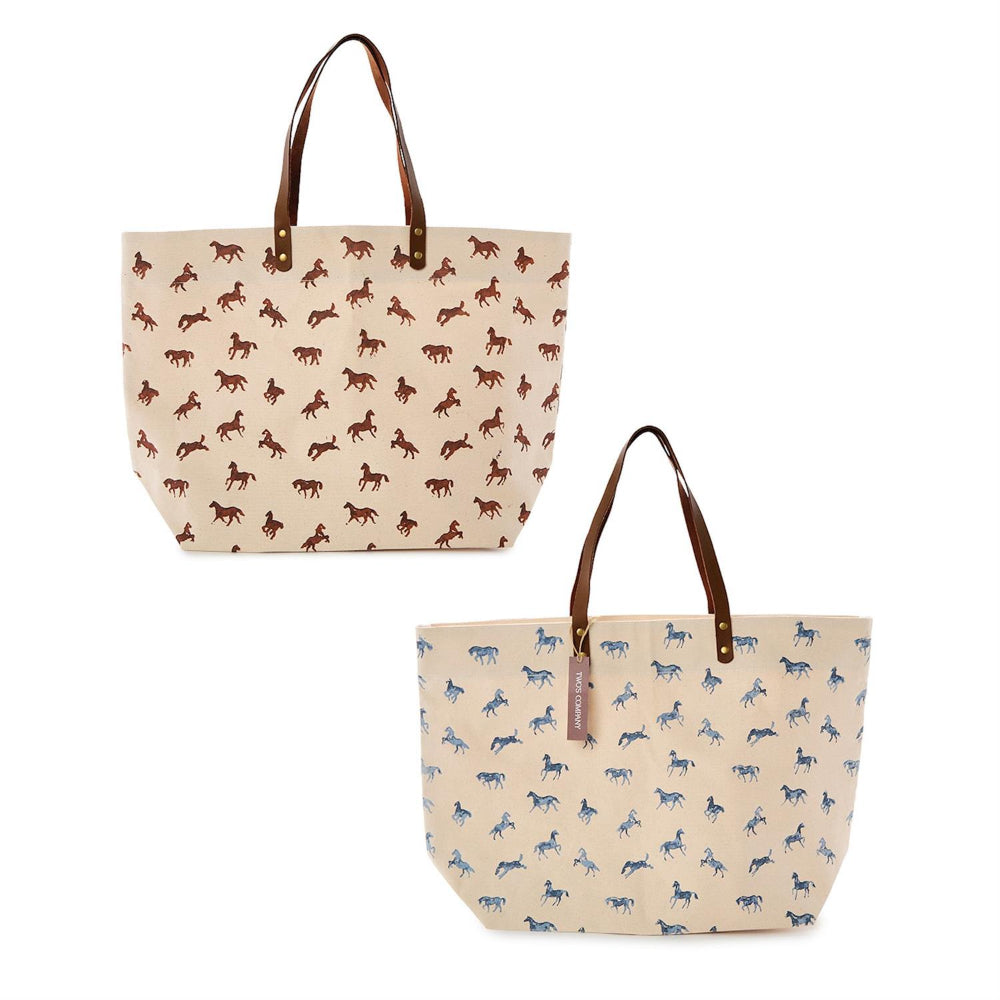 Two tote bags with horse patterns on a beige background.