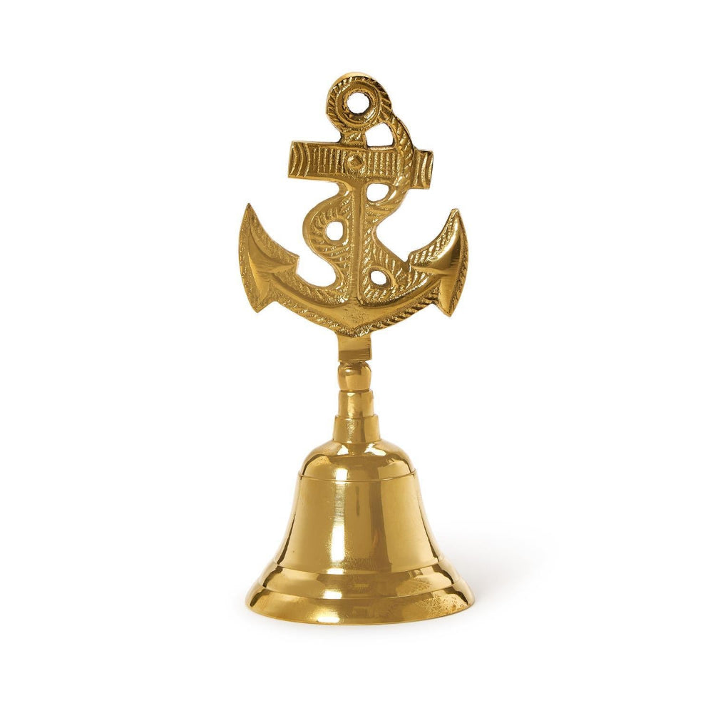 Gold bell with anchor design on a white background.
