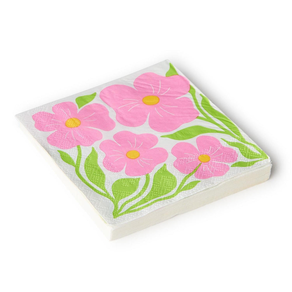 cocktail napkins with a pink floral design on a white background.
