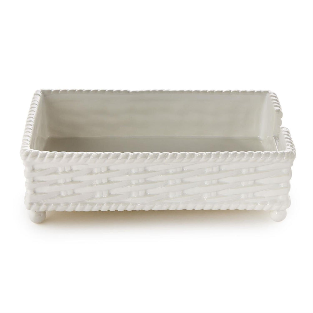 Rectangular ceramic tray with textured edge on a white background.