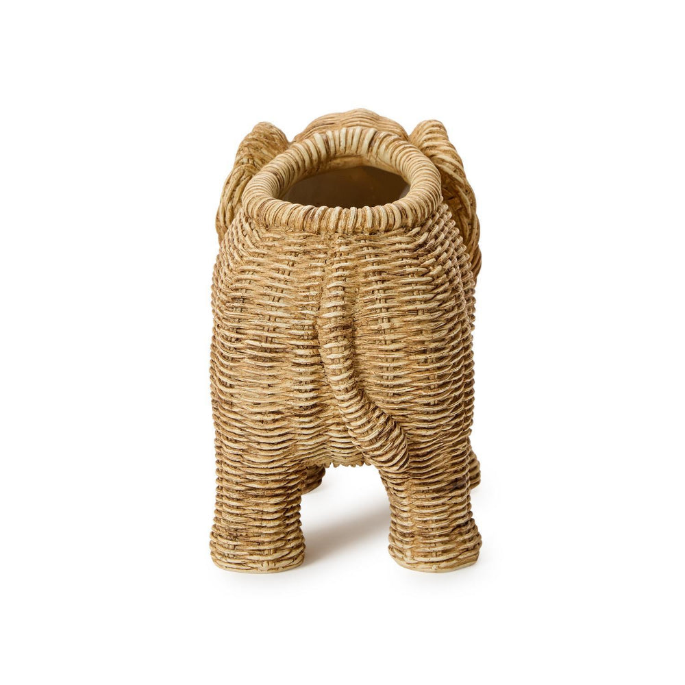 The back of a woven rattan animal-shaped planter on a white background.