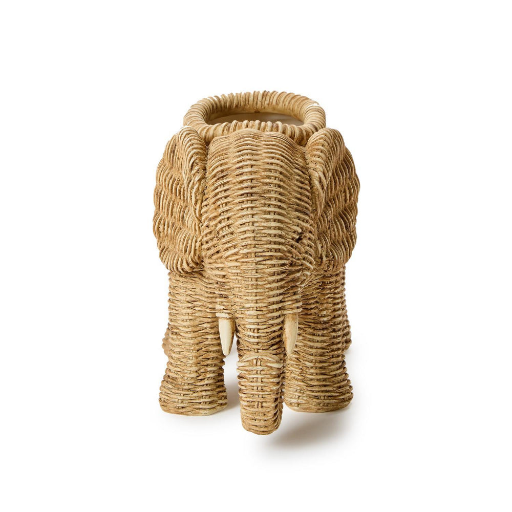 The front of a woven elephant-shaped planter vase  on a white background.