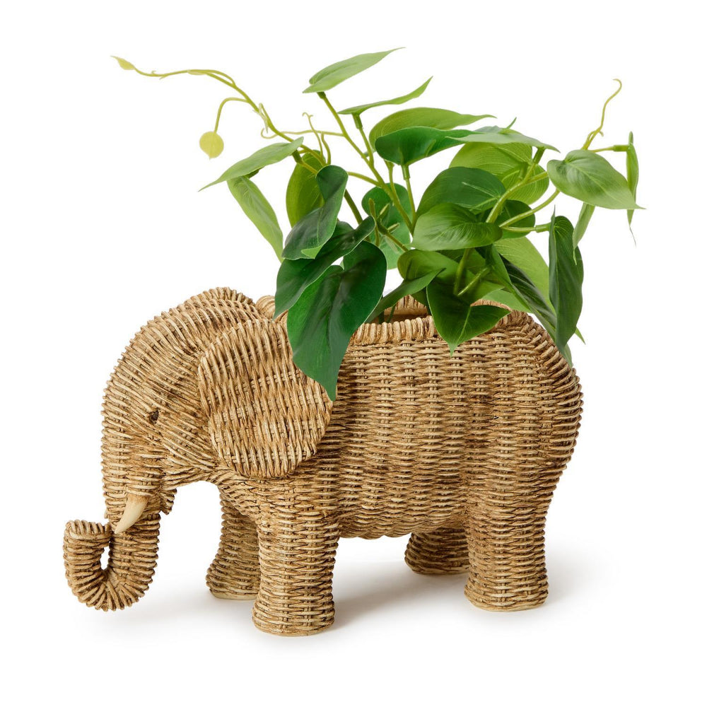 A resin woven rattan elephant planter holding a green leafy houseplant, photographed on a clean white background.