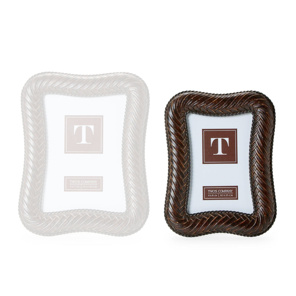 Brown 4x6  herringbone weave photo frame on a white backround. 