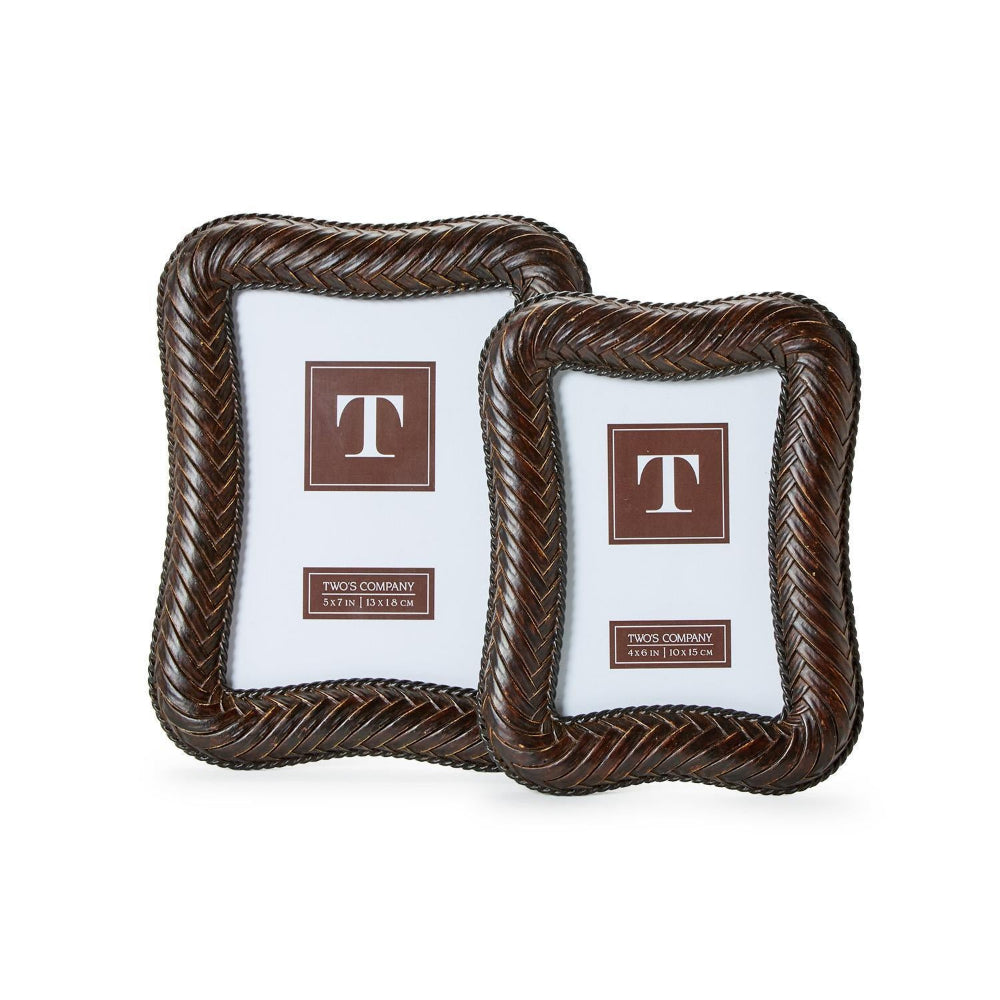 Two square braided picture frames in dark brown, shown on a white background. Each frame has a white insert with a brown square containing a white letter 'T' and a small label reading 'THOR COMPANY PERSONALIZED'.