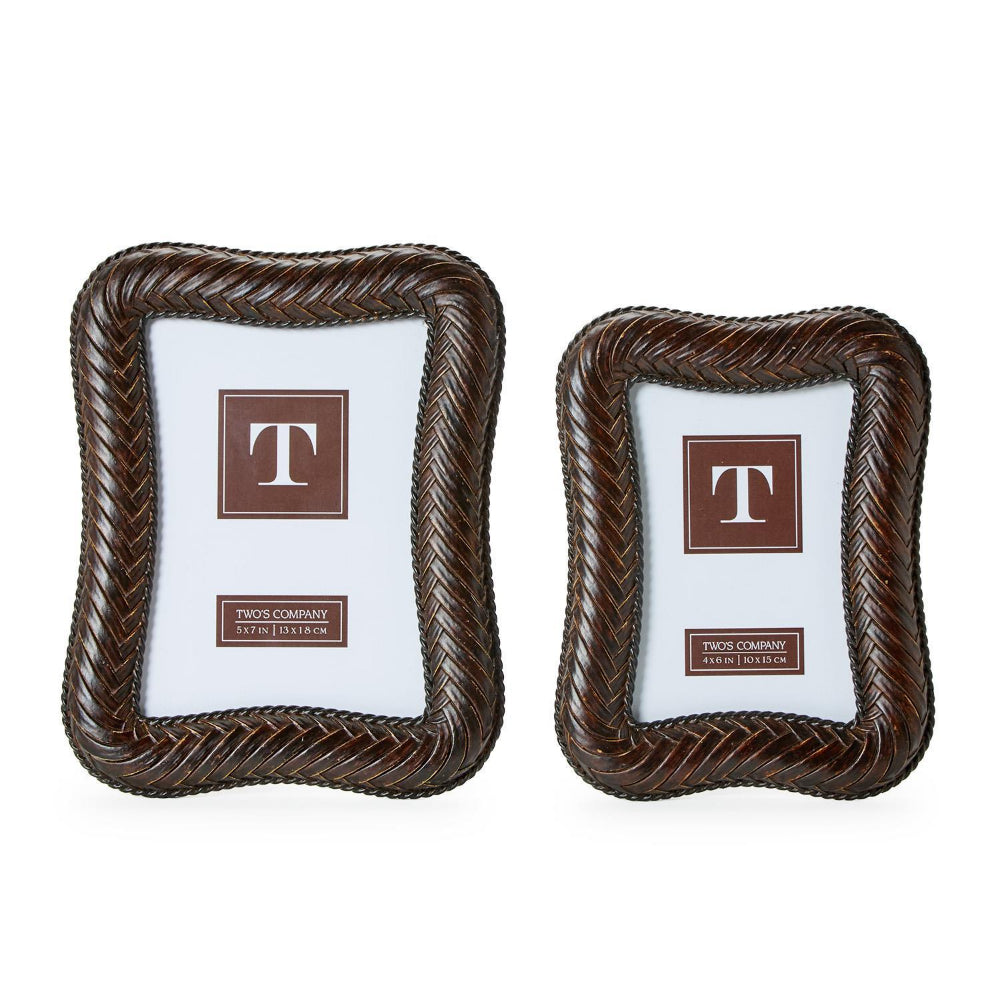 Two dark brown braided rope-style picture frames on a white background, one large and one small, each with a white insert card featuring a brown square with a white letter T and a small brand label reading Thick Company. The frames are photographed against a clean white studio background.