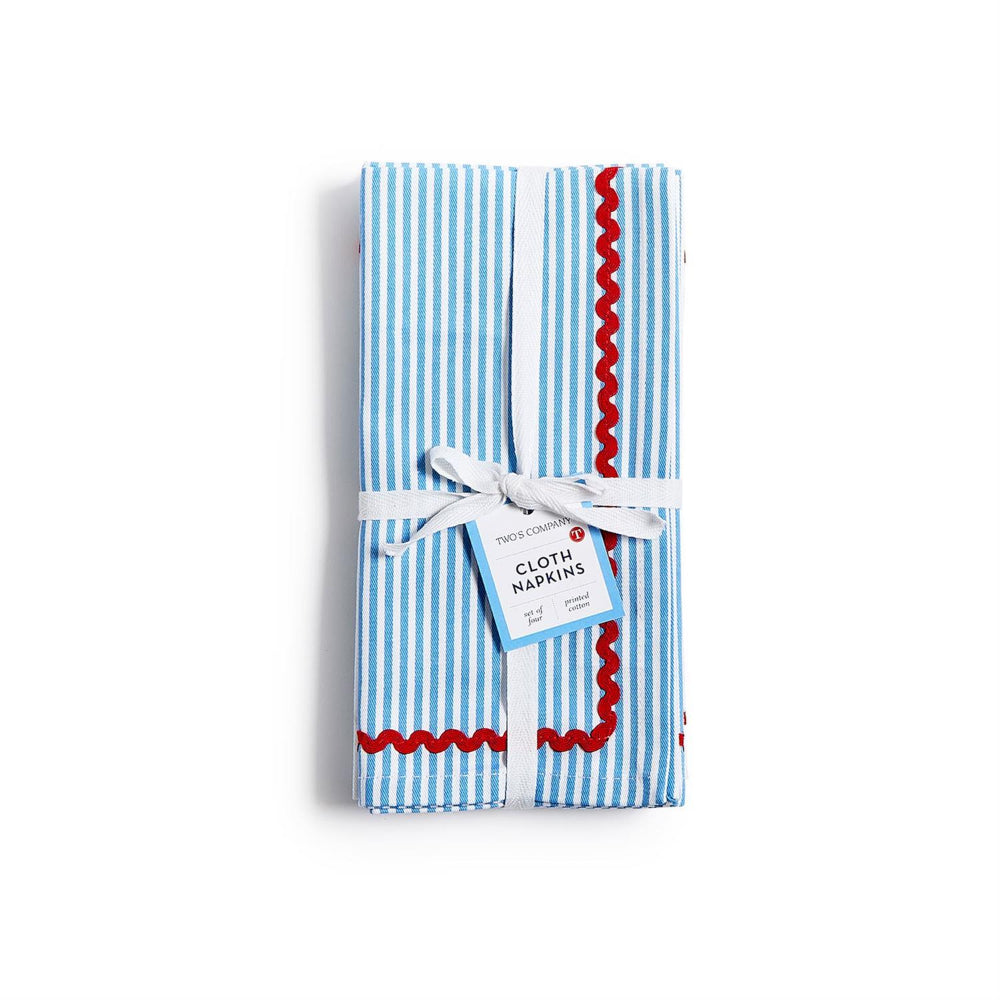 Two's Company Blue Stripe With Red Ric Rac Trim Cloth Dinner Napkins-Set of 4
