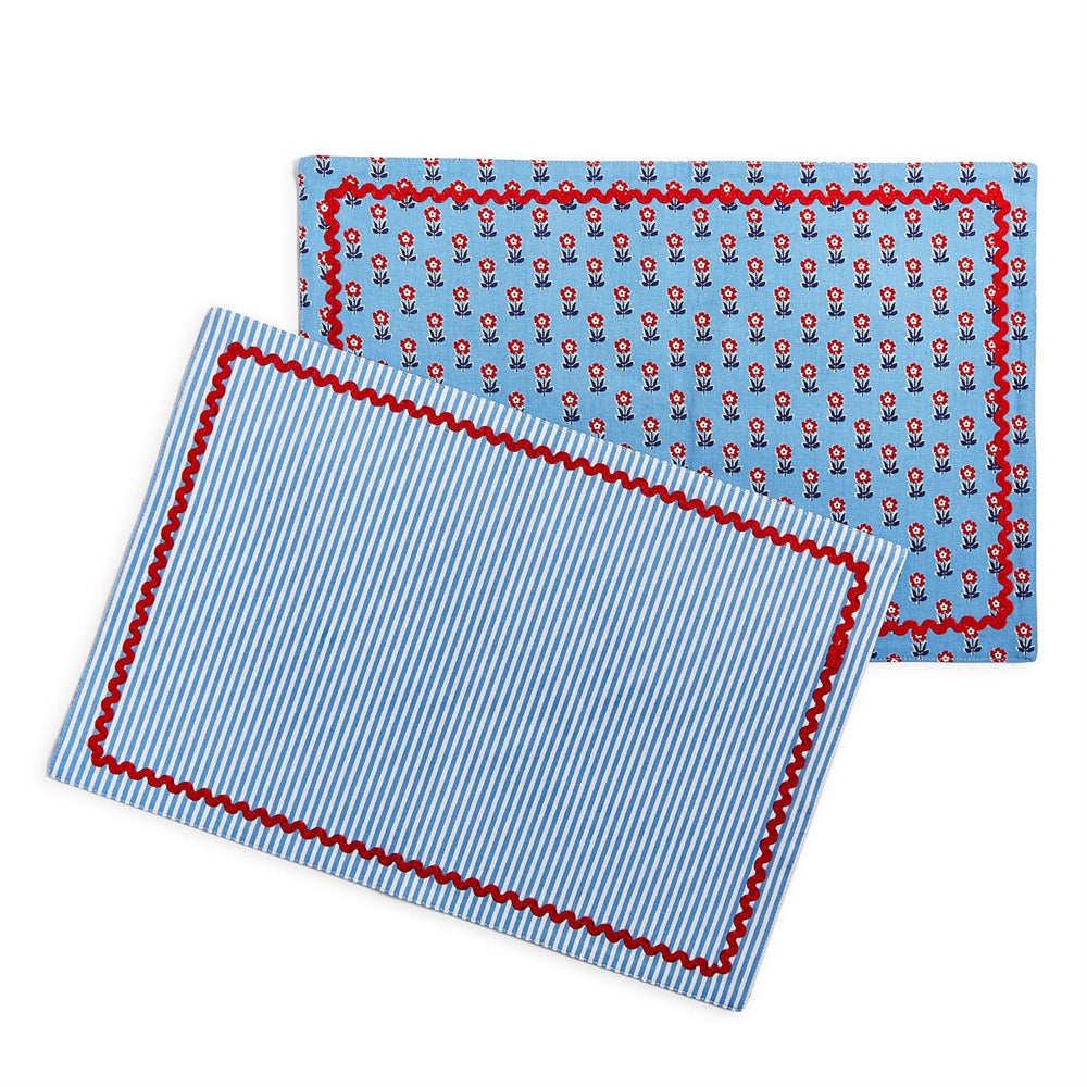 Two's Company Double-Sided Fabric Placemat-Red, White and Bloom-Set of 4