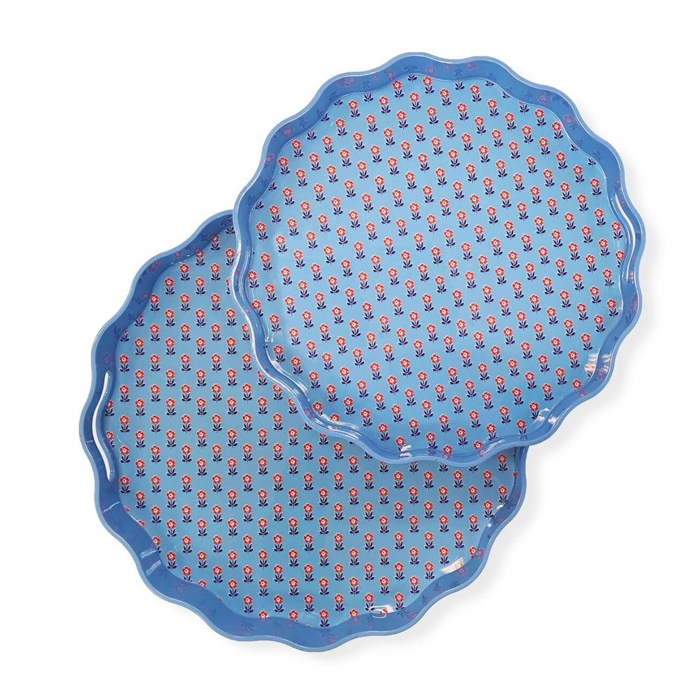 Two's Company Red, White, and Bloom Scalloped Lacquered Trays - Set of 2