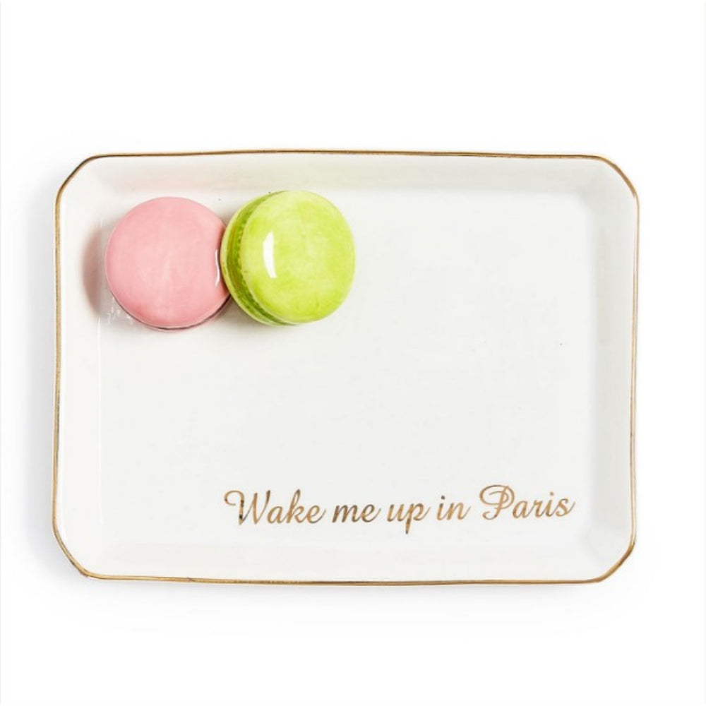 Rectangular tray with 'Wake me up in Paris' text and two colorful macarons on a white background.