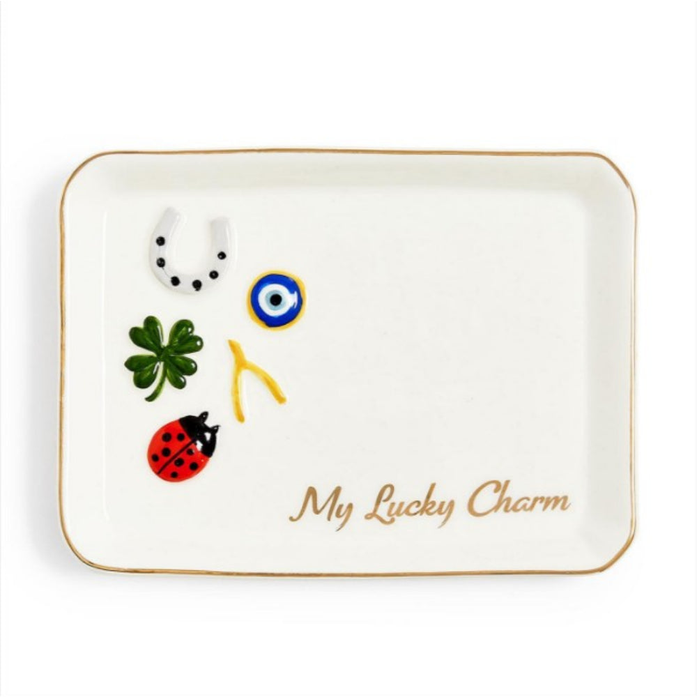 Decorative tray with lucky charms and 'My Lucky Charm' text on a white background.