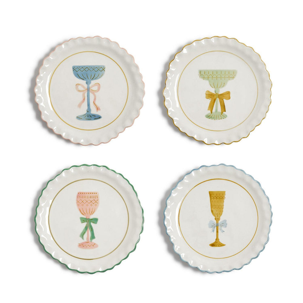 Four white decorative plates with colorful cup and bow designs with each plate having a differant color raffle rim, in pink,green,gold & blue on a white background.