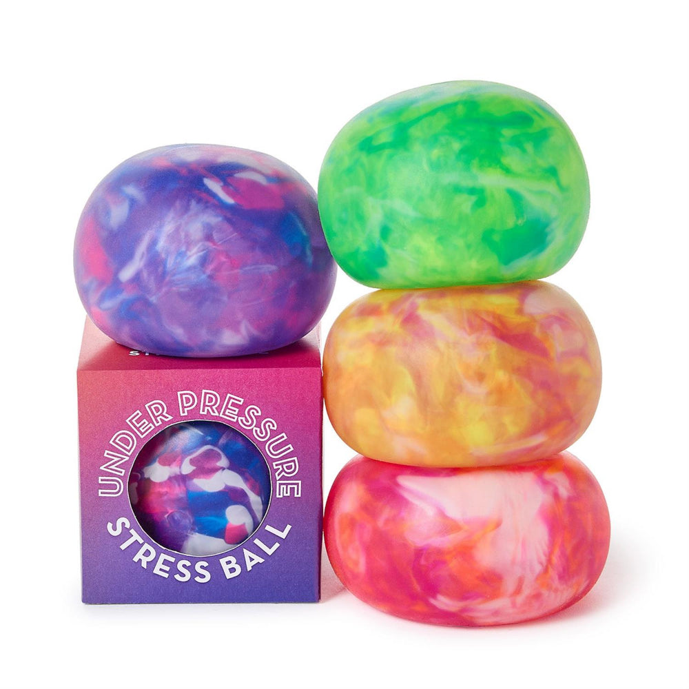 Three marbled stress balls in purple-blue, green, and orange-pink are stacked next to a magenta box labeled 'UNDER PRESSURE STRESS BALL' on a white background.