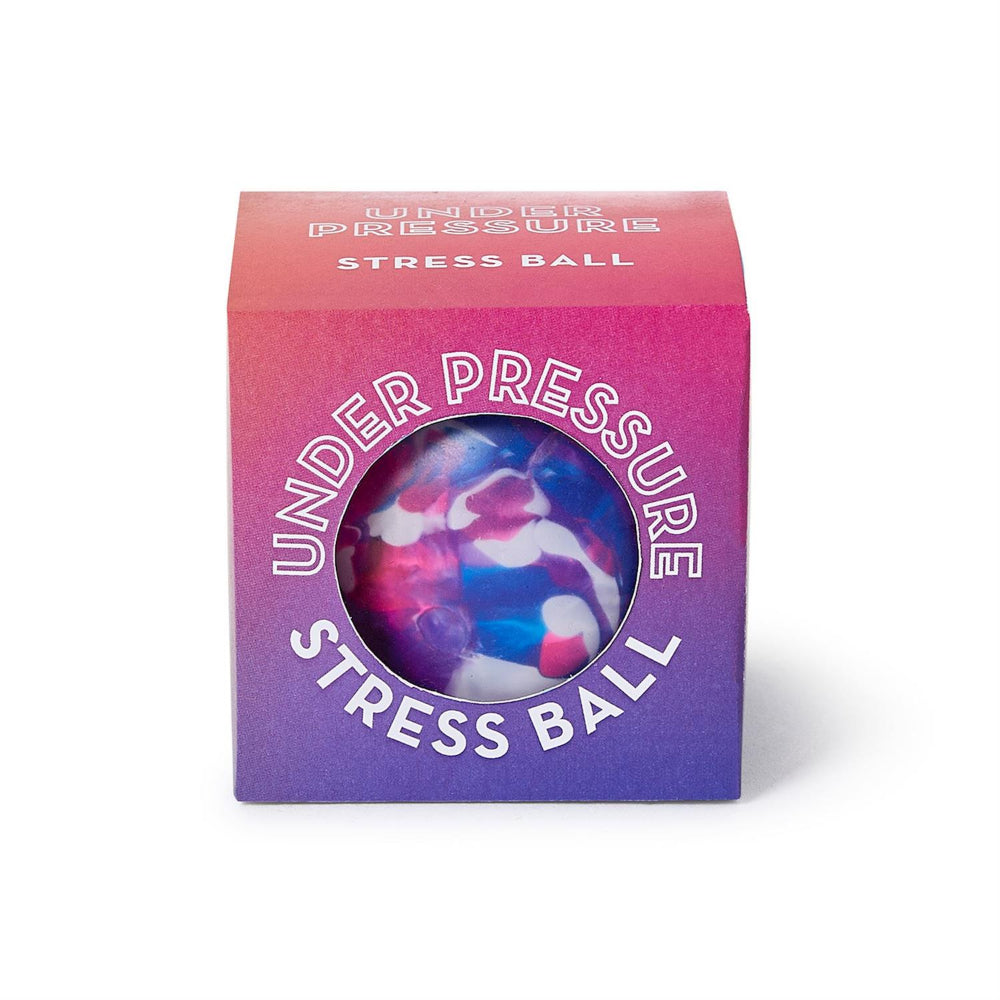 A colorful stress ball with a marbled pink, purple, blue, and white pattern, visible through a circular cutout on its packaging box. The box features a pink-to-purple gradient with white text reading 'UNDER PRESSURE STRESS BALL'.