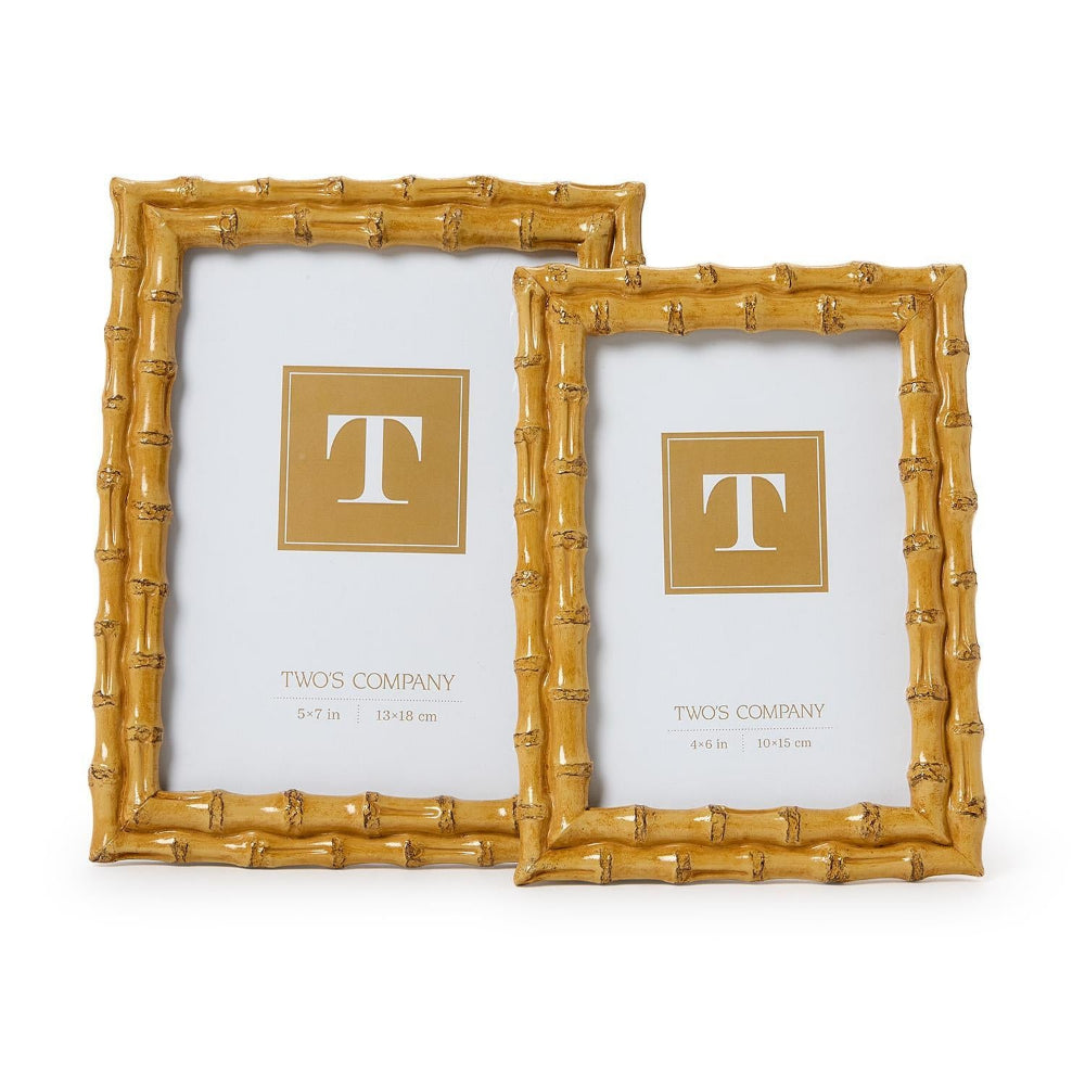 Two gold bamboo picture frames with 'T' logo on a white background.