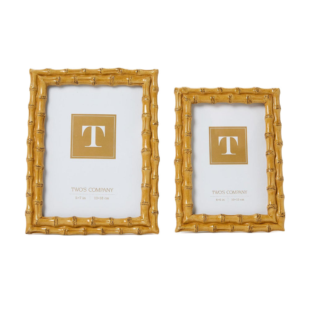 Two gold picture frames with a bamboo-style textured border, shown on a white background. One frame is 5x7 inches and the other is 6x9 inches, both featuring a white insert card with a gold square containing a white letter 'T' and the text 'TAWOS COMPANY'.