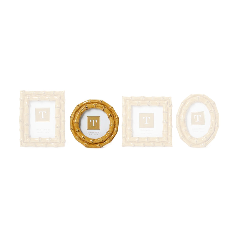 Round 3"x3" tan bamboo-style picture frame on a white backround. 