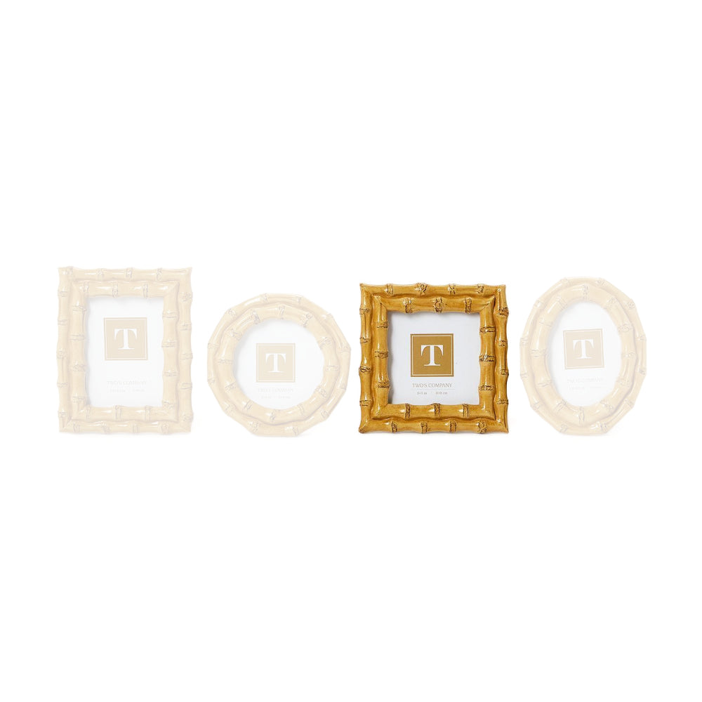 Square 3"x3" tan bamboo-style picture frame on a white backround. 