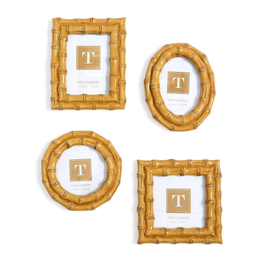 Four tan bamboo-style picture frames in sizes: round, square, rectangle & round on a white background.